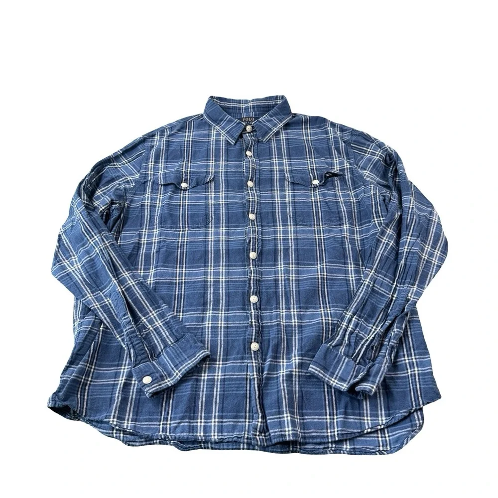 Polo Ralph Lauren Mens 2XL Blue White Checked Cotton Linen Utility Button Shirt